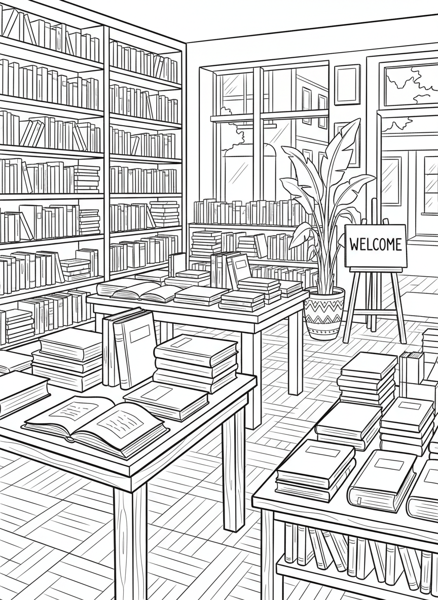 A detailed bookstore scene with display tables, shelves of books, a welcome sign, and a potted plant by the entrance.