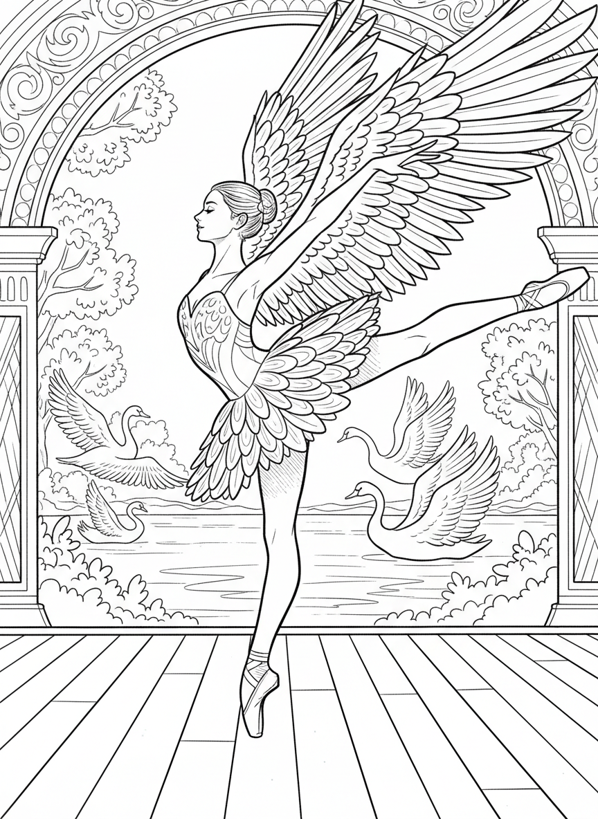 A ballerina performing as a swan with feathered costume details and wings, inspired by classical ballet.