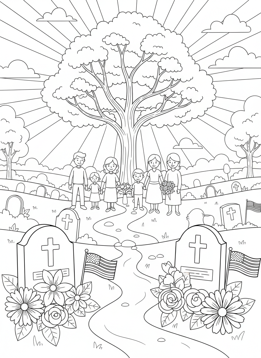 Memorial Day coloring page prompts honoring remembrance, reflection, community gatherings.	A peaceful cemetery scene with small American flags placed beside headstones, fresh flowers arranged carefully as sunlight filters through tall trees and families walk quietly in reflection.