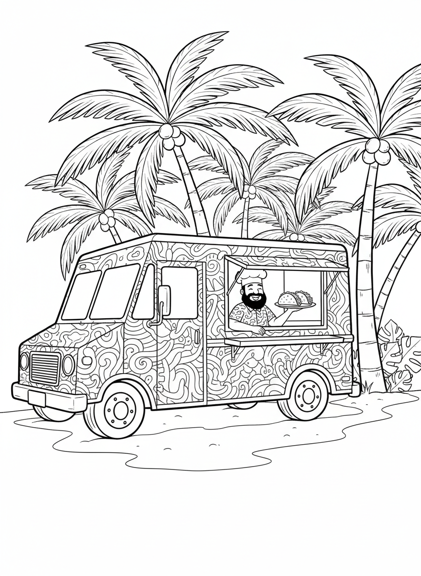 A colorful taco truck parked under palm trees with a smiling vendor in the window