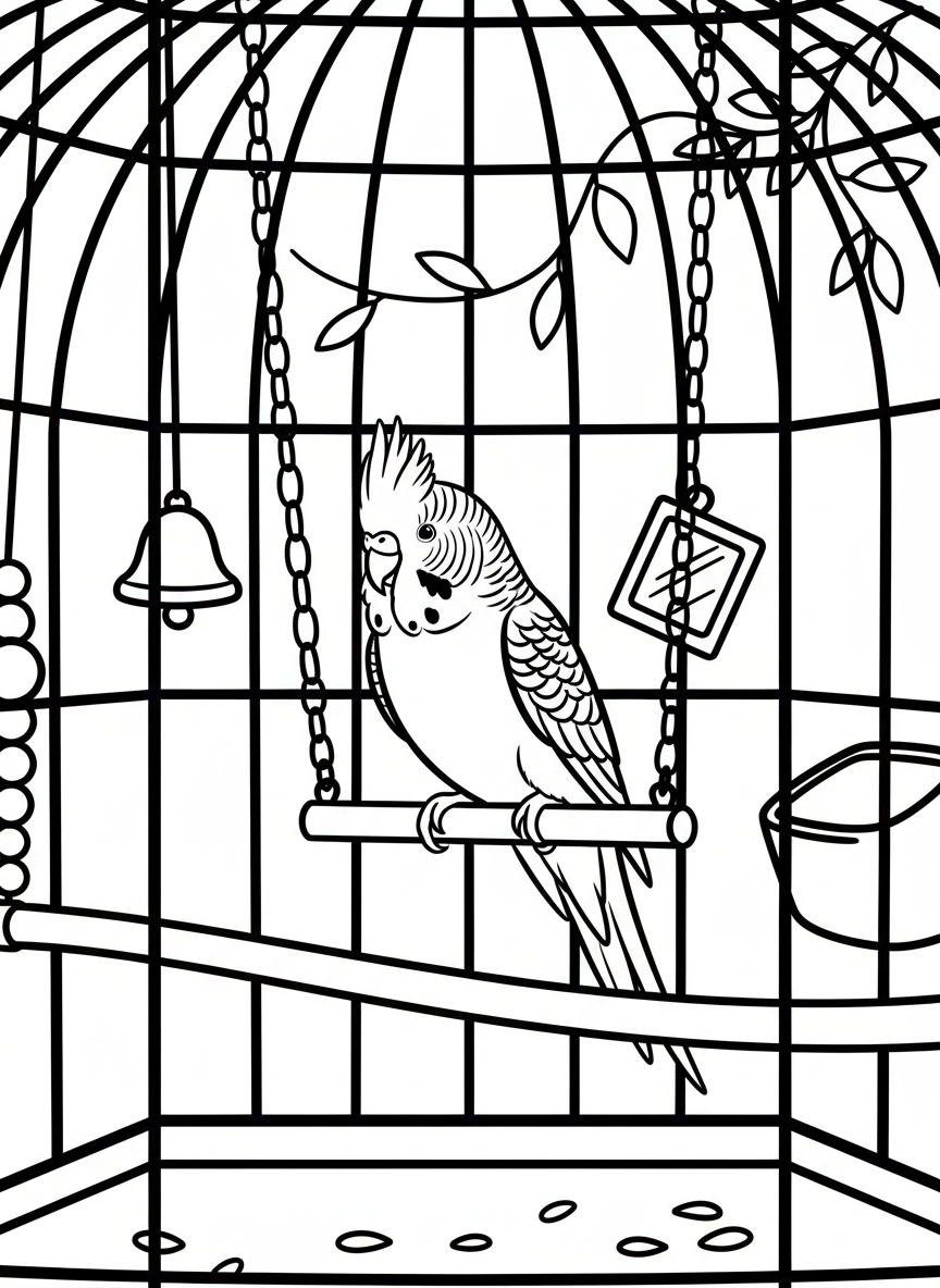 A budgie parakeet sitting on a swing inside a birdcage with toys hanging nearby, detailed cage bars and perch.