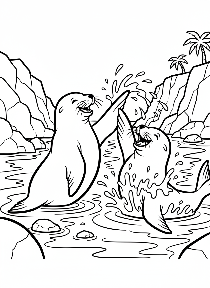 Two sea lions playing together in shallow tide pool water, one splashing the other with its flipper.
