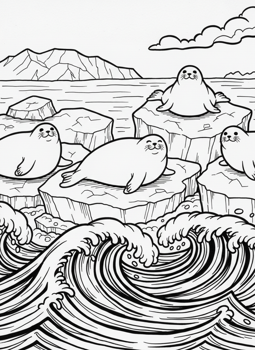 A group of seals resting on floating ice while cold ocean waves move slowly around them in the Arctic environment.