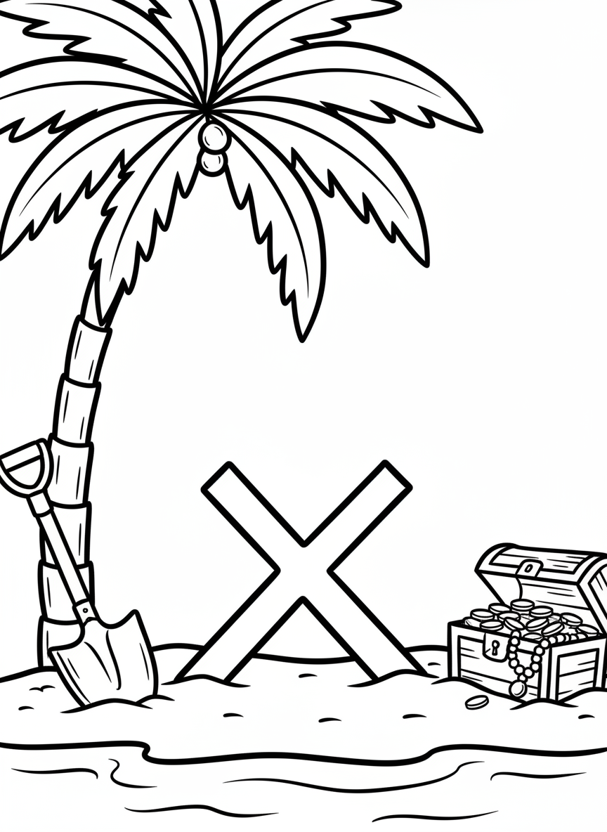 A desert island with a single palm tree and an X marked in the sand, with a shovel and treasure chest nearby