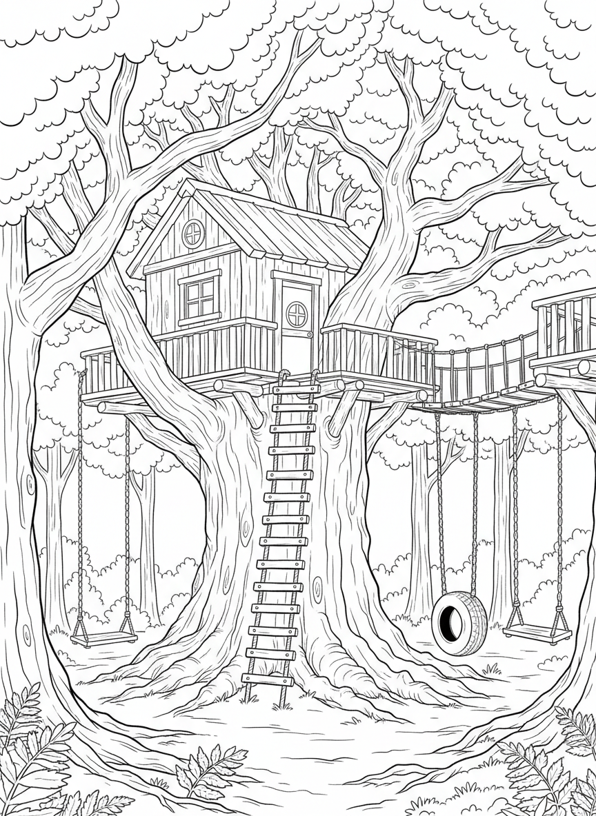 A forest scene showing a treehouse with multiple rope swings of different lengths and a wooden ladder going up the trunk.