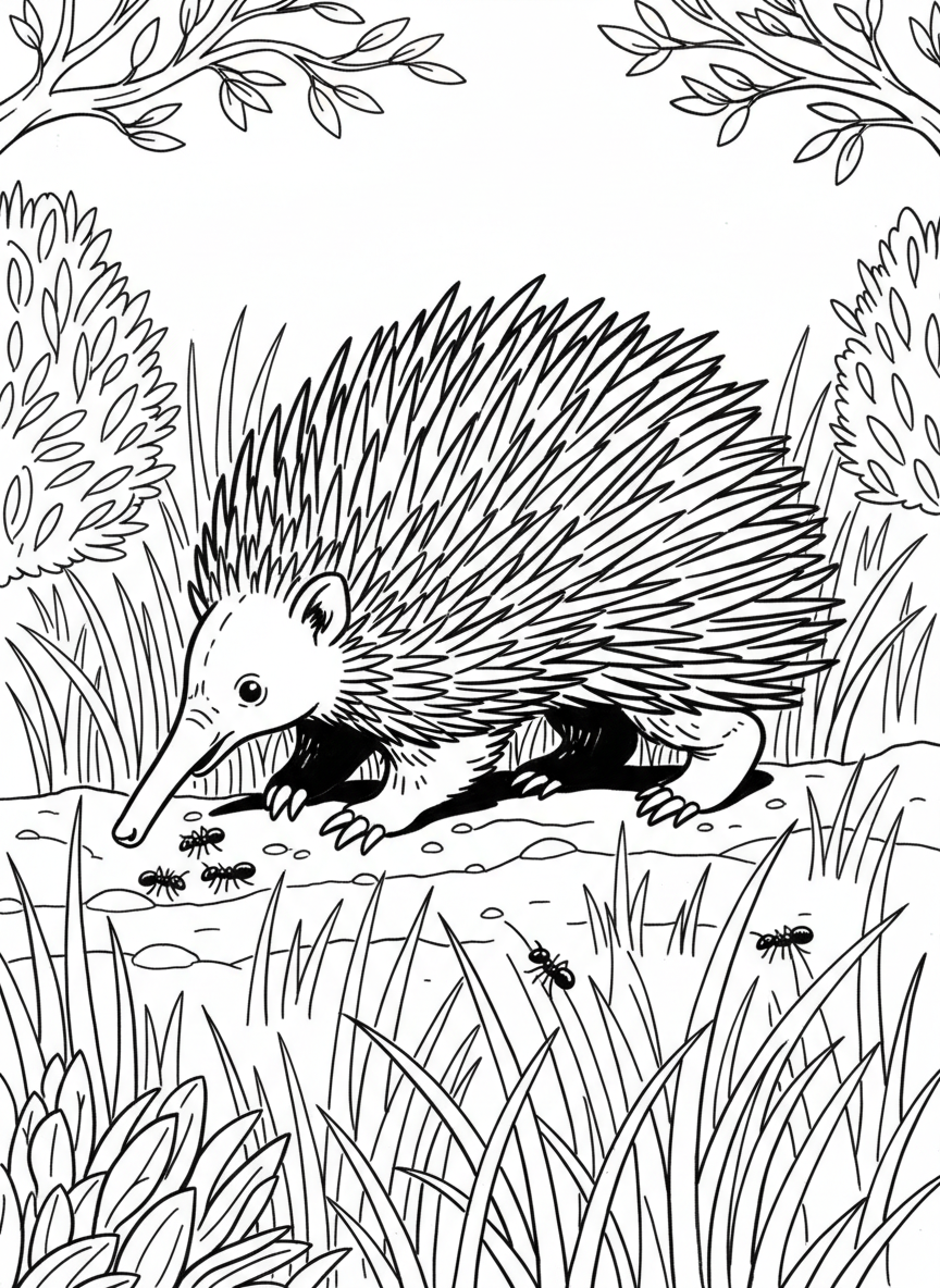 An echidna walking through grass with its spines clearly visible, long snout pointing down searching for ants.