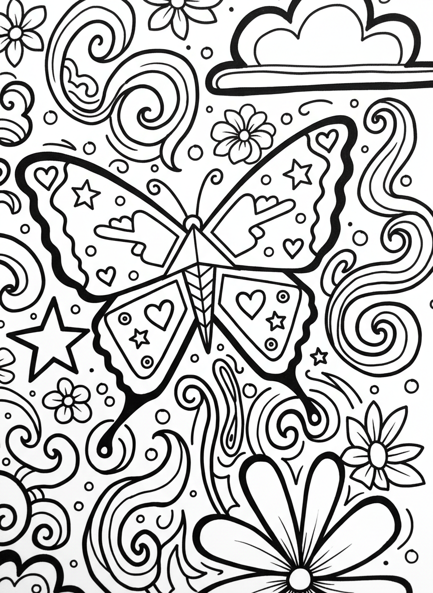 A whimsical origami butterfly with heart shapes and stars decorating the wings, playful and fun design