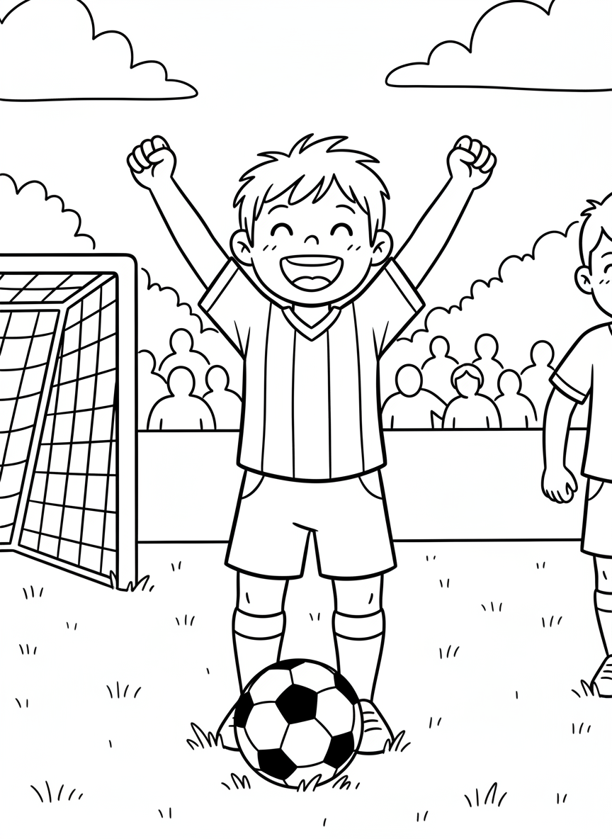 A happy child celebrating a goal with arms raised high, soccer ball at their feet, simple joyful expression