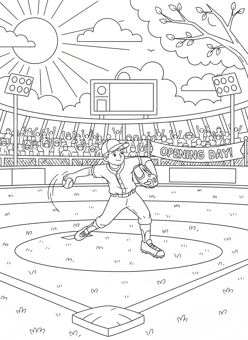 Baseball Opening Day coloring page prompts celebrating fresh starts, spring optimism, and the return of the game.	A pitcher delivering the first pitch of the season, focus sharp and hopeful.