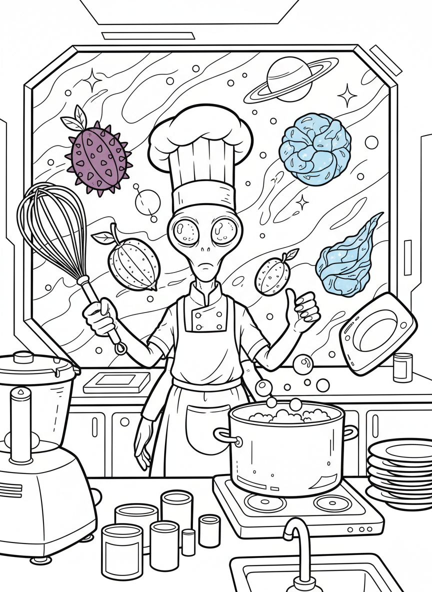 An alien chef cooking in a kitchen with floating ingredients, wearing a tall chef hat and holding a space whisk