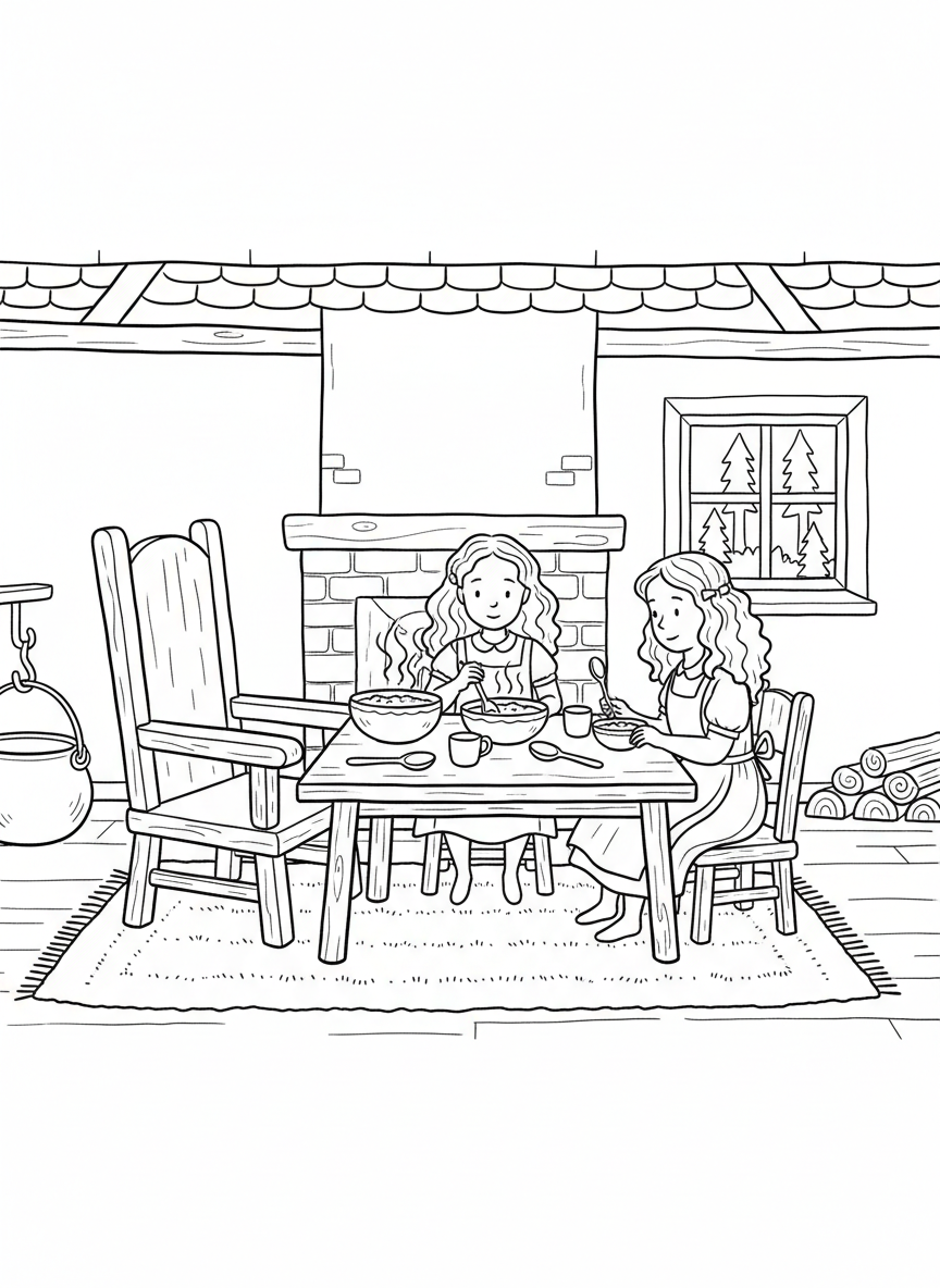 Goldilocks sitting at a table with three bowls of porridge and three chairs of different sizes, simple black and white outline