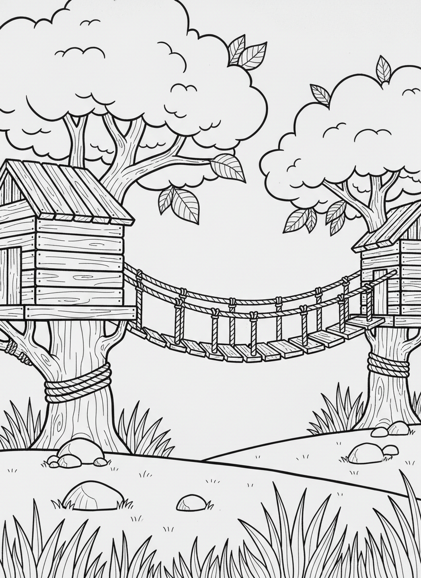 A simple treehouse with a straight rope bridge connecting to another tree, large wooden planks and thick ropes, easy to color for young children.