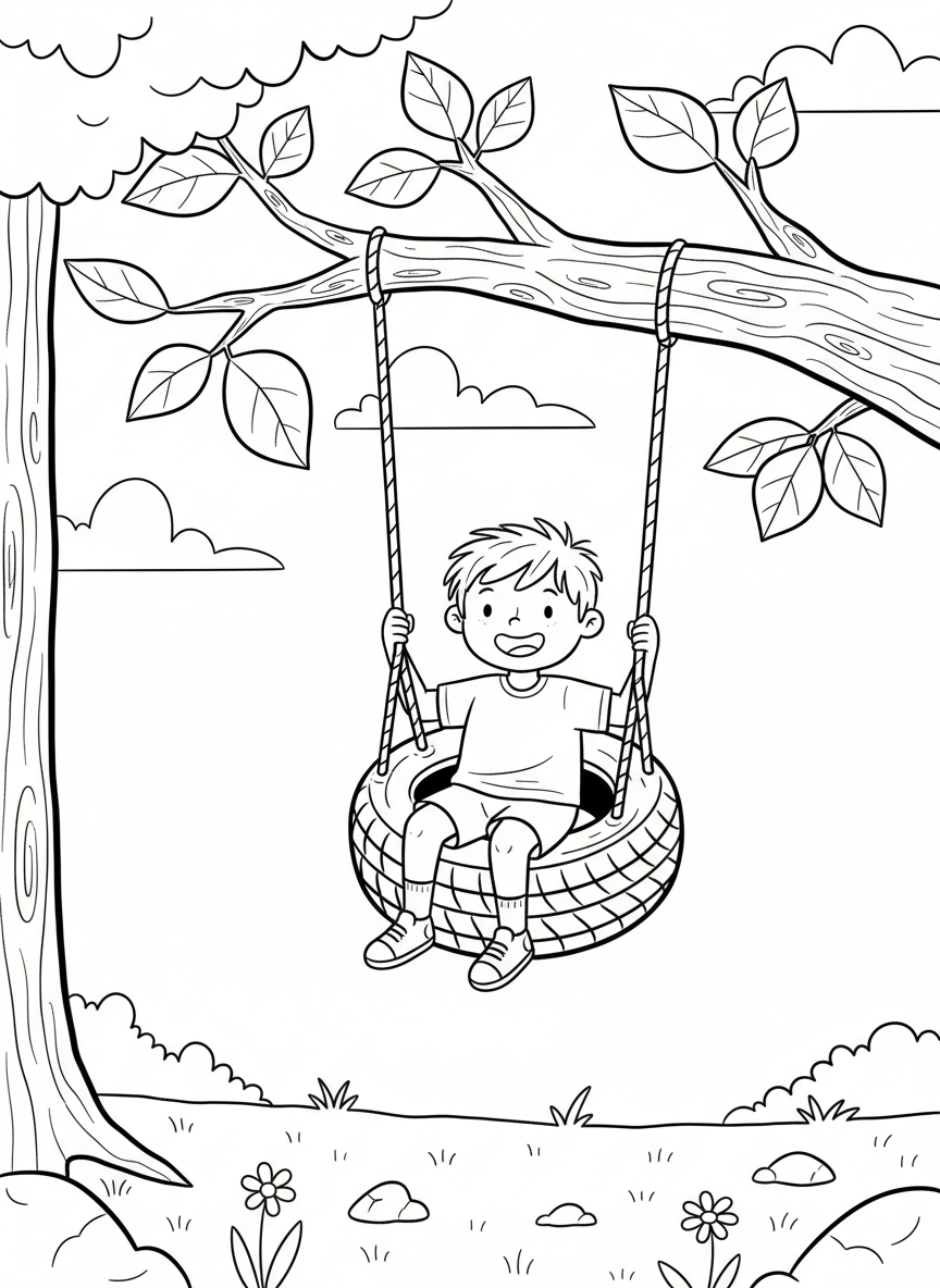 A tire swing hanging from a tree branch with a child sitting inside, outdoor nature setting