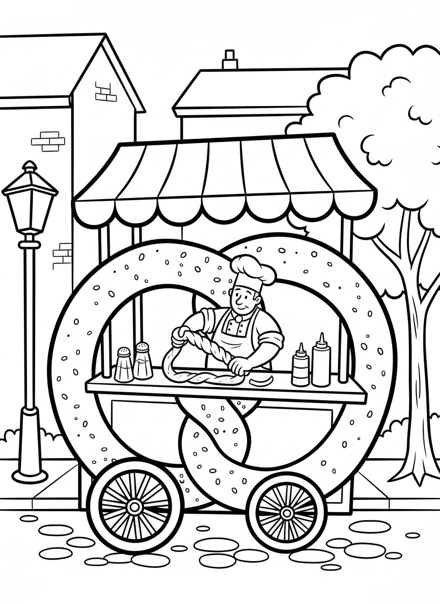 A pretzel cart shaped like a giant pretzel, with a vendor twisting dough, salt shakers and mustard visible