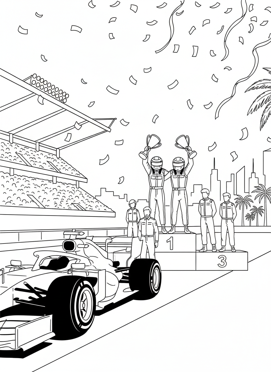 A victory celebration scene with a Formula One car parked in front of a podium, with confetti falling all around.