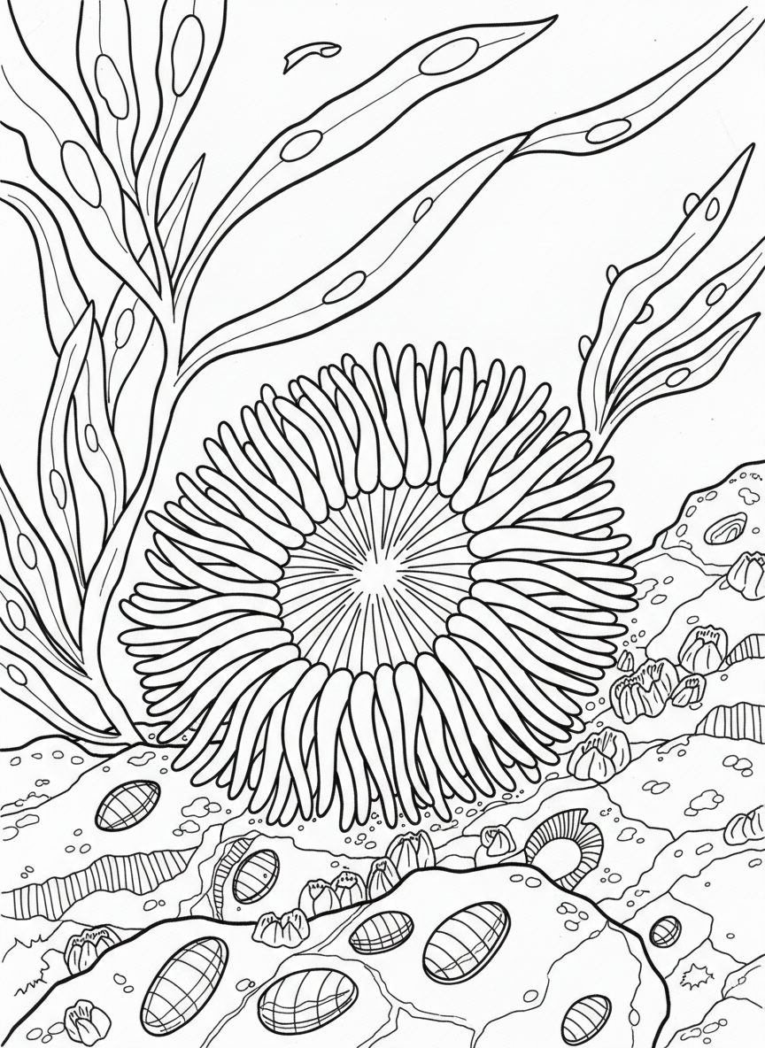 A tidepool scene with a large anemone as focal point, surrounded by limpets attached to rocks and floating kelp strands