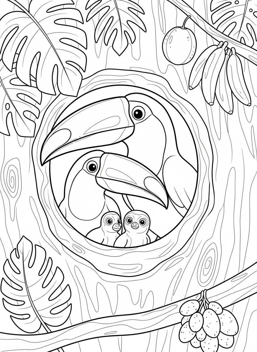 A toucan family scene with parent and baby toucans in a tree hollow nest, surrounded by tropical leaves and fruit.