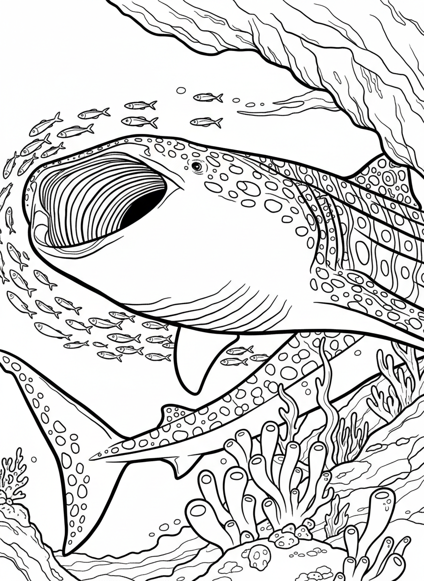 A majestic whale shark with spotted pattern swimming through open water, mouth open showing filter-feeding