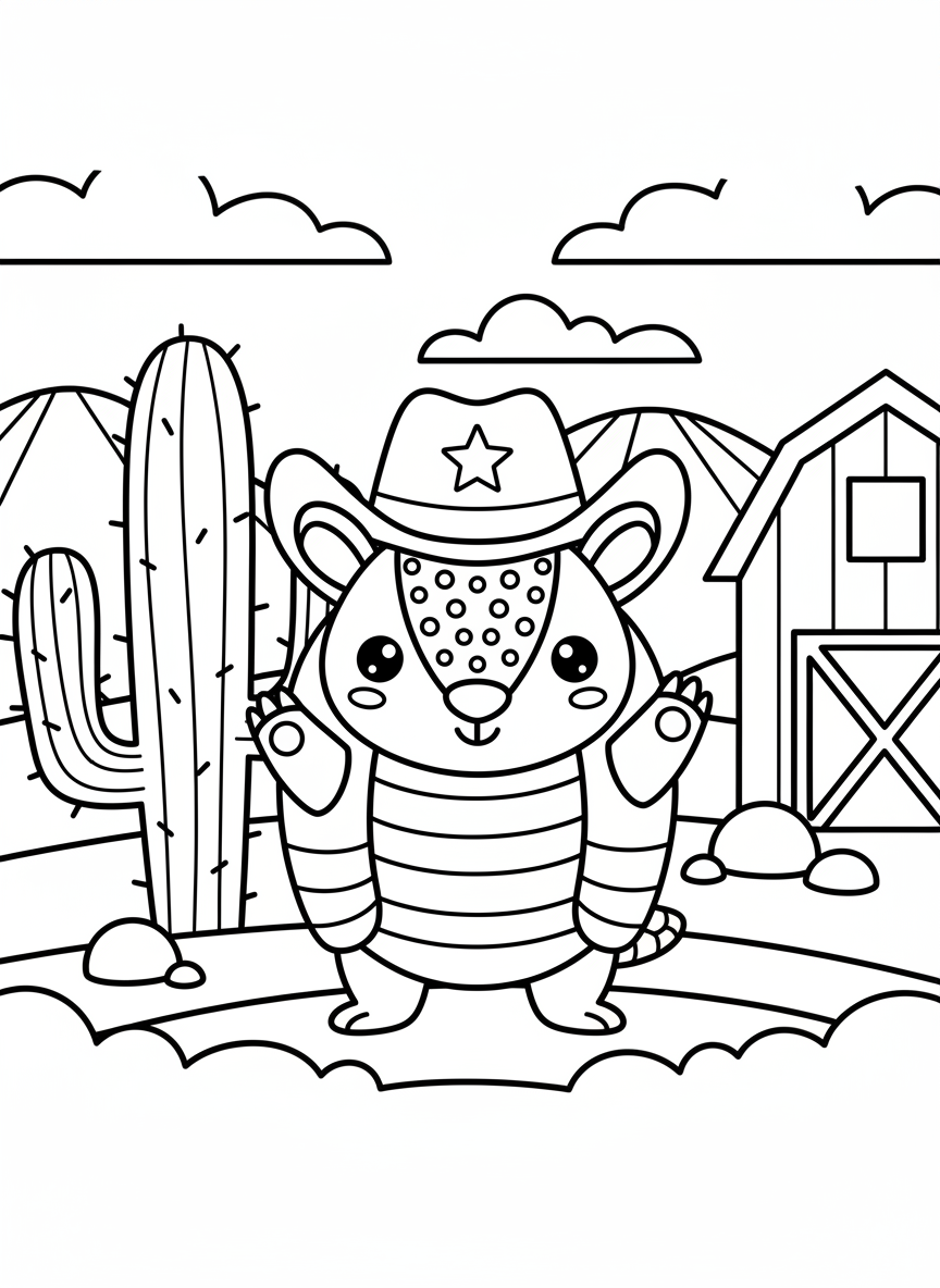 A cute armadillo wearing a cowboy hat standing in front of a Texas flag, simple line-art with bold outlines perfect for young children.