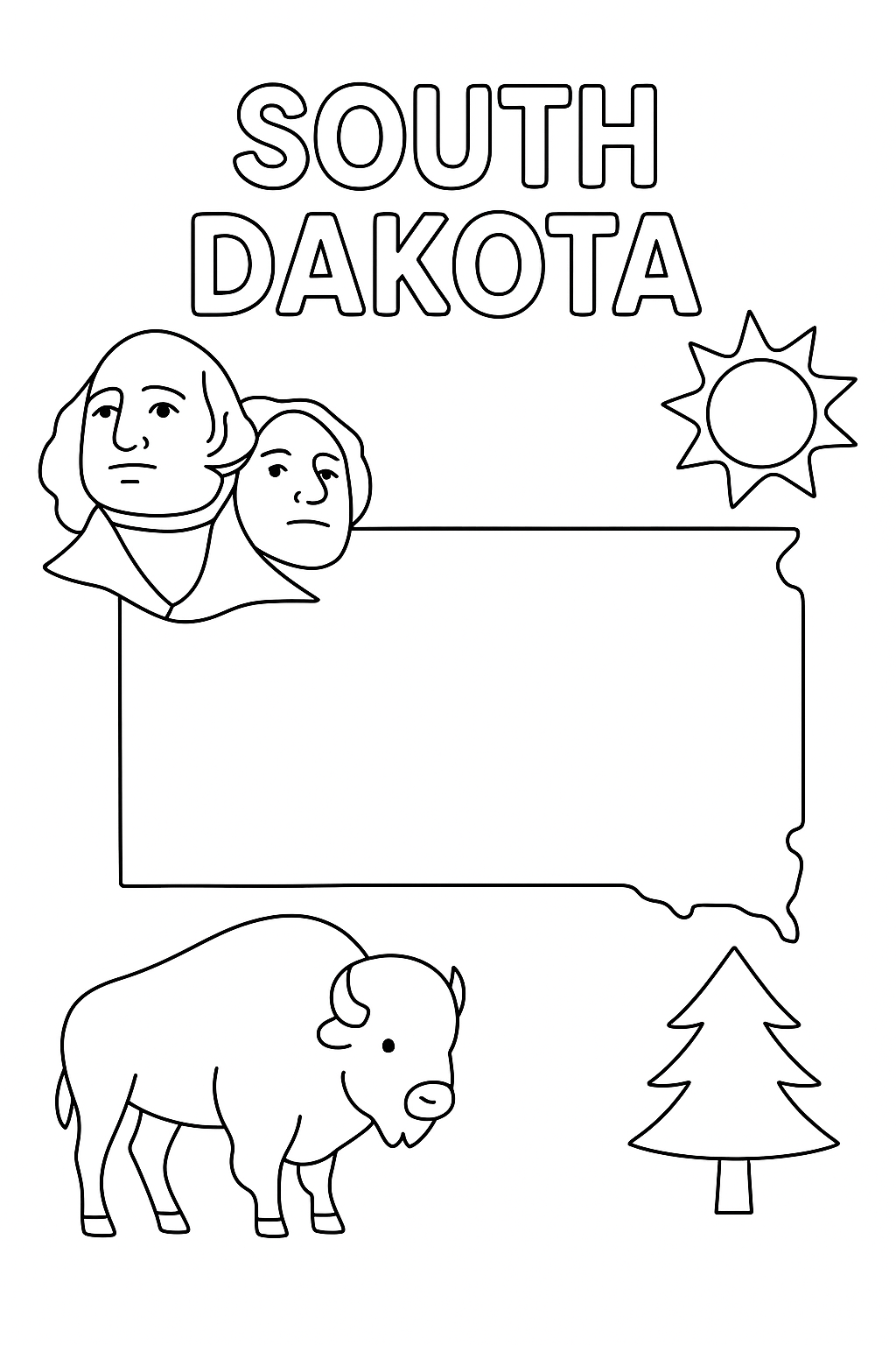 Write “South Dakota” once at the top in outlined letters. Create a large, centered outline of the state. Add one Mount Rushmore face, one bison, one sun, and one tree in corners.