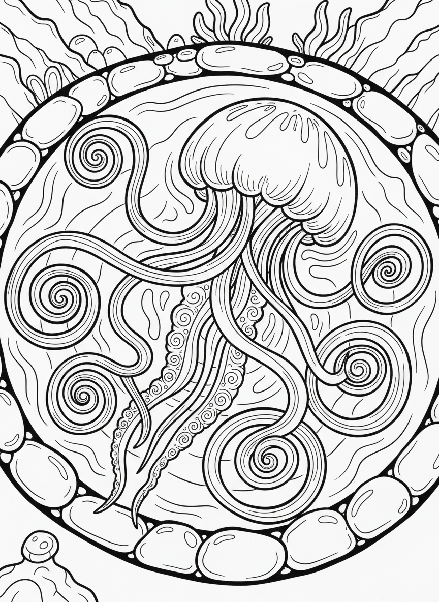 Jellyfish with extra-long spiral tentacles that curl and twist artistically, floating in the center of a circular tide pool with a decorative border of stones.