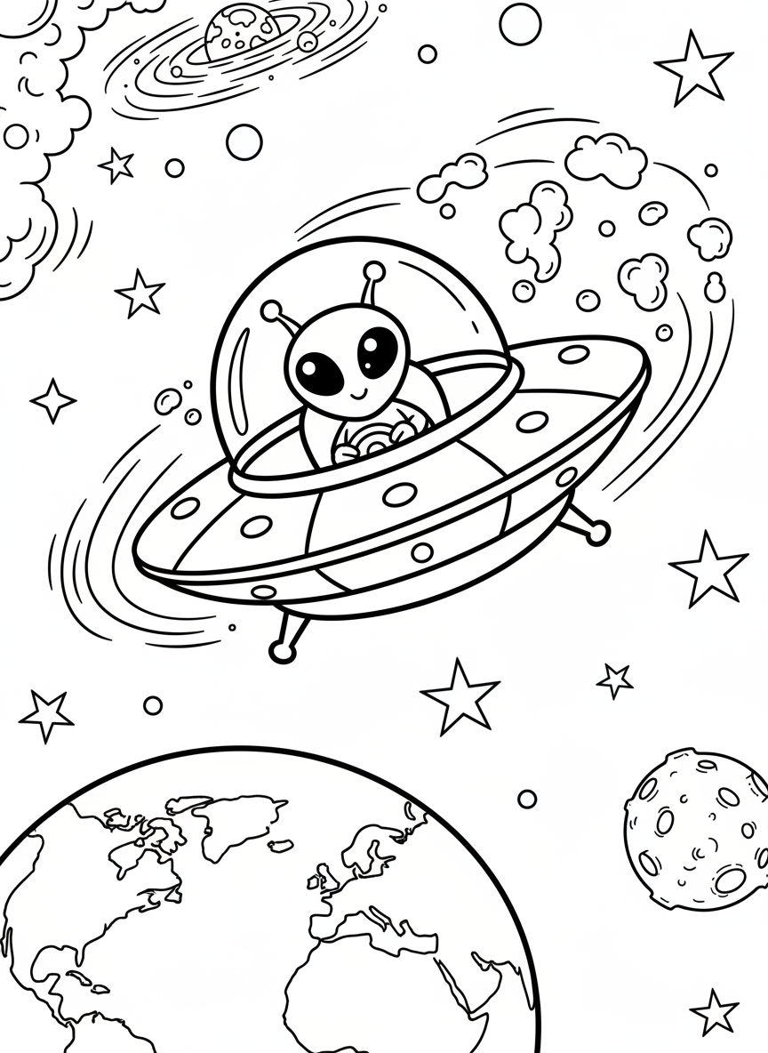 A smiling alien in a flying saucer zooming past Earth and the Moon, playful and fun composition for young children.