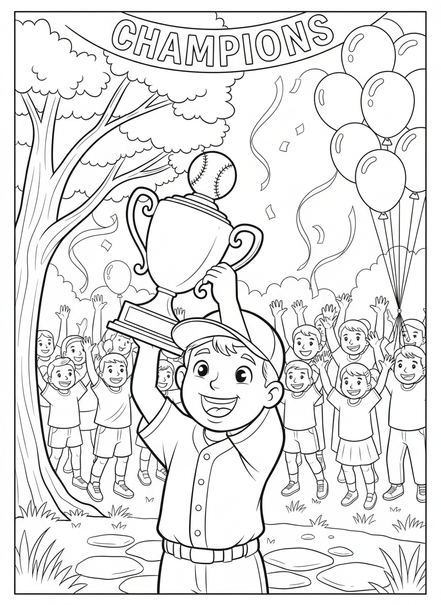 A proud young Little League player holding up a championship trophy at an end-of-season awards ceremony, beaming with joy, cheering family members and teammates visible in the background with balloons and streamers.