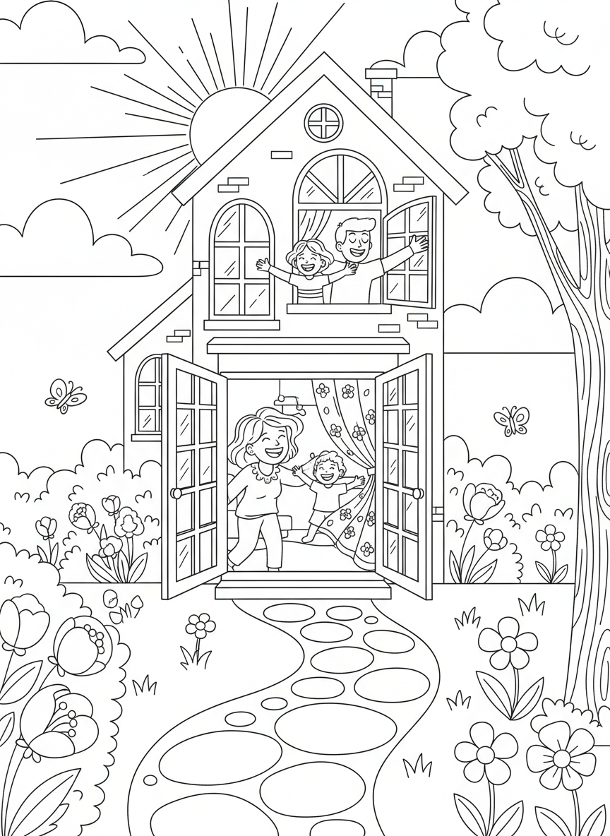 First Day of Spring coloring page prompts celebrating renewal, blooming landscapes, fresh air, and seasonal optimism.	Families opening windows and doors, letting fresh air fill their homes on the first warm day of the year.