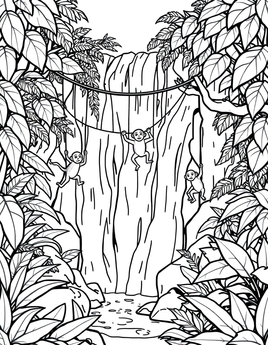 A jungle waterfall scene with monkeys swinging, lush foliage around