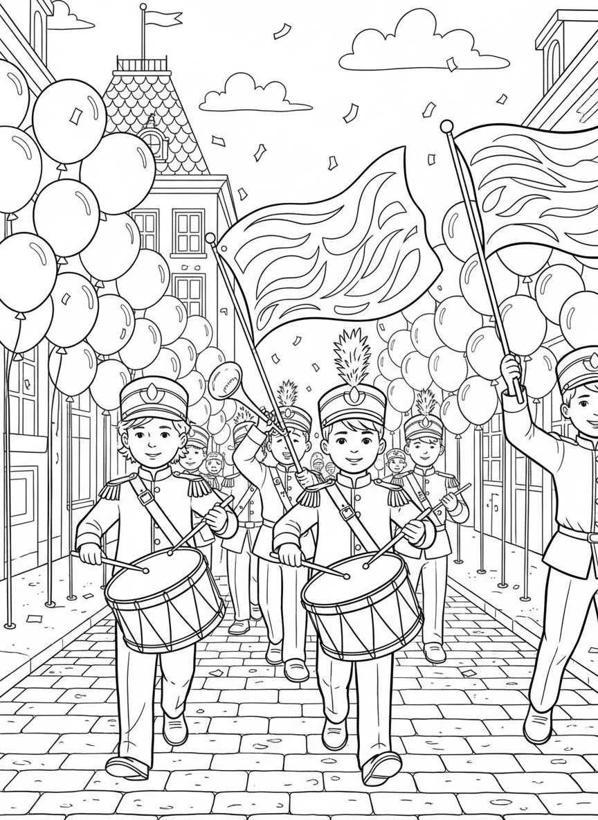 Marching band parade scene with children playing drums, trumpets, and carrying flags down a street lined with balloons