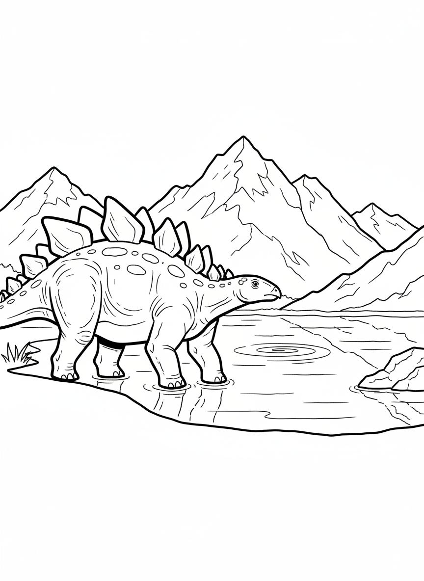 A Stegosaurus with large triangular plates along its back and a spiked tail, standing near a lake with mountains in the background.