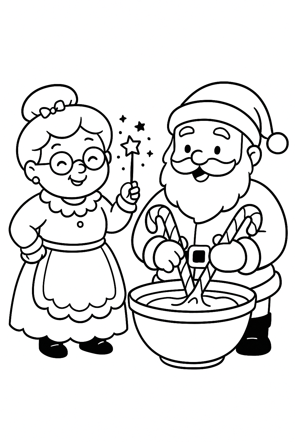 Mrs. Claus using a magical sprinkle wand while Mr. Claus mixes batter with comically large candy-cane spoons.