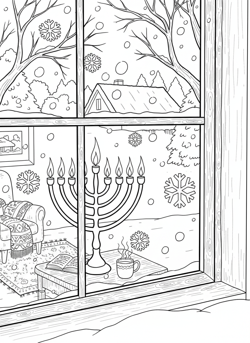 A window scene showing a lit menorah inside while snow falls gently outside, cozy indoor-outdoor composition.