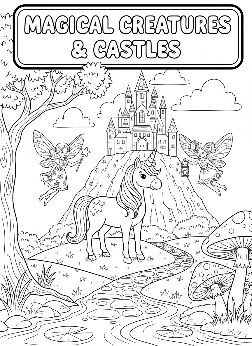 Magical fantasy coloring book cover, full-color illustration with friendly unicorns, fairies, and a sparkly castle on a hill. Pastel palette, title-safe area at top.