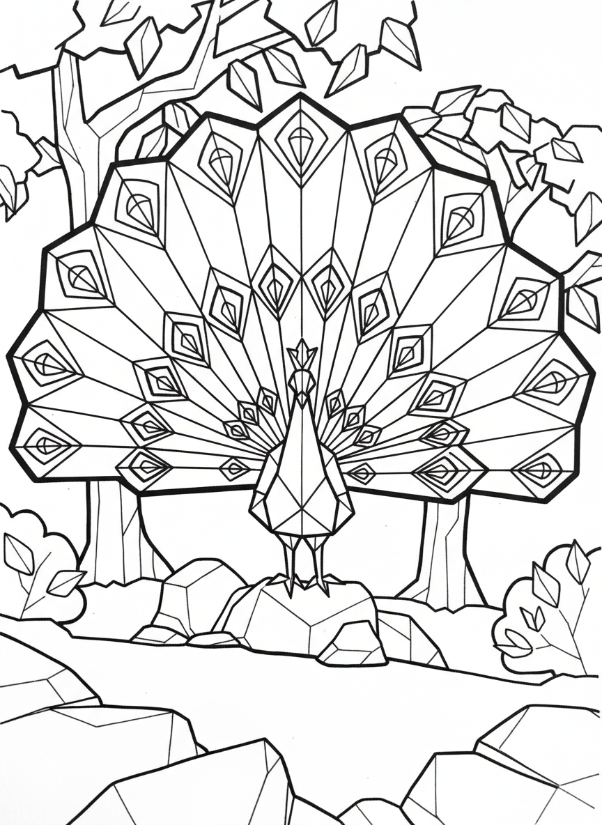 A detailed origami peacock with elaborate geometric tail feathers spread out in a fan shape, showing multiple fold lines.