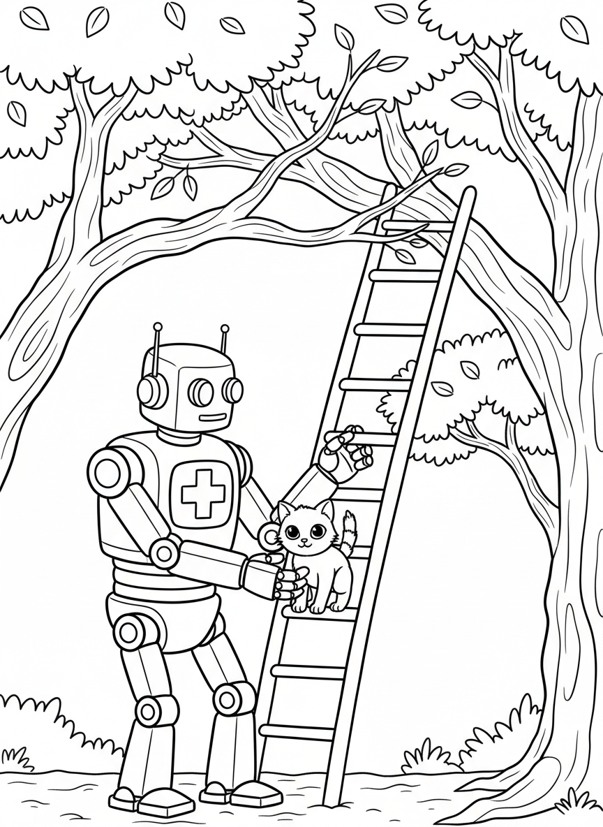 A rescue robot with a first aid symbol helping a kitten down from a tree, with a ladder and gentle mechanical hands.