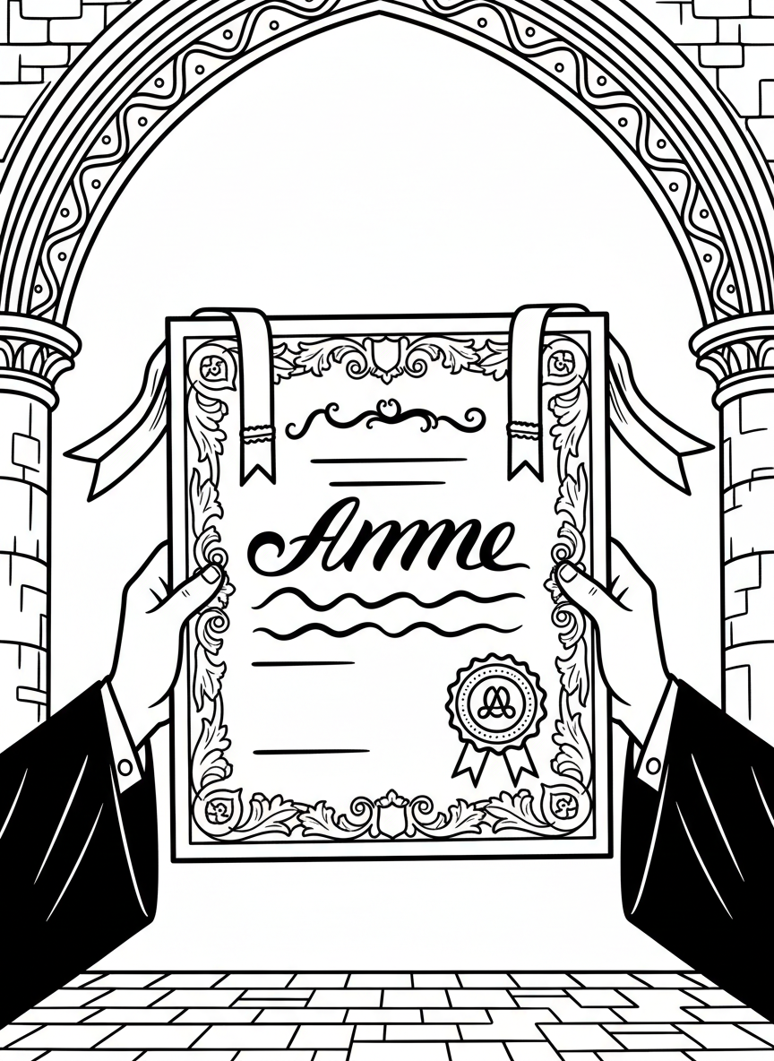 A close-up of hands holding an open diploma certificate with decorative borders, ribbons, and an official seal.