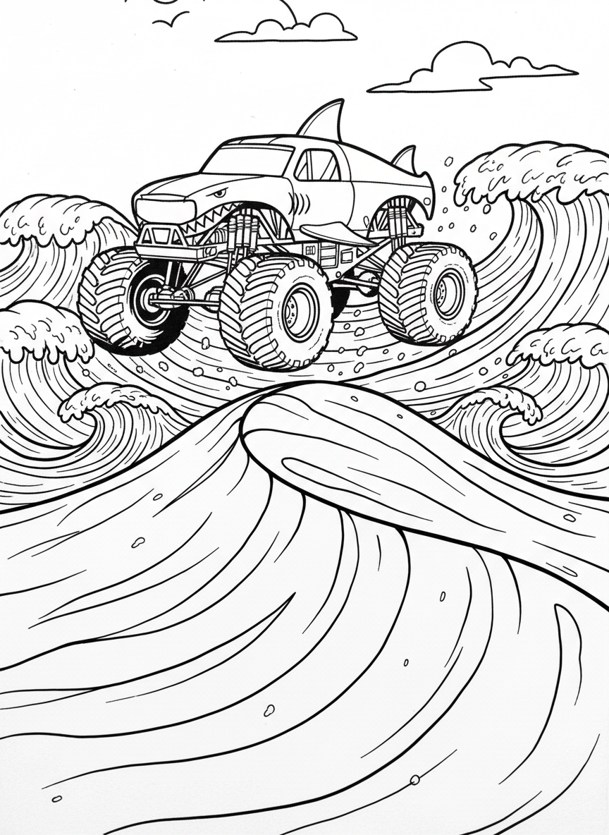 A monster truck with a shark-themed paint job jumping over a sand dune at the beach, ocean waves in background.