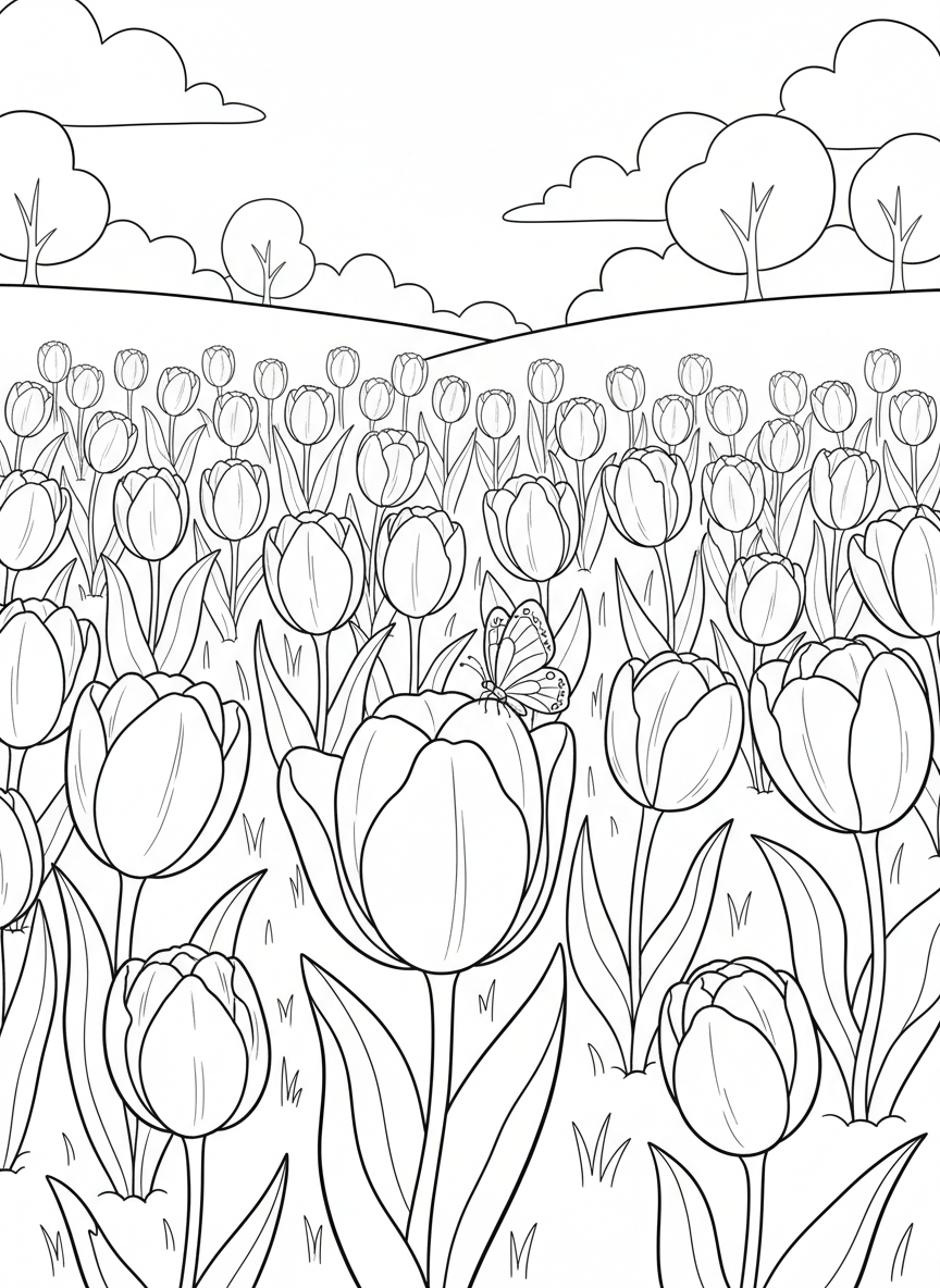 A cheerful tulip garden with rows of tulips in different stages of bloom, with a small butterfly visiting one flower.