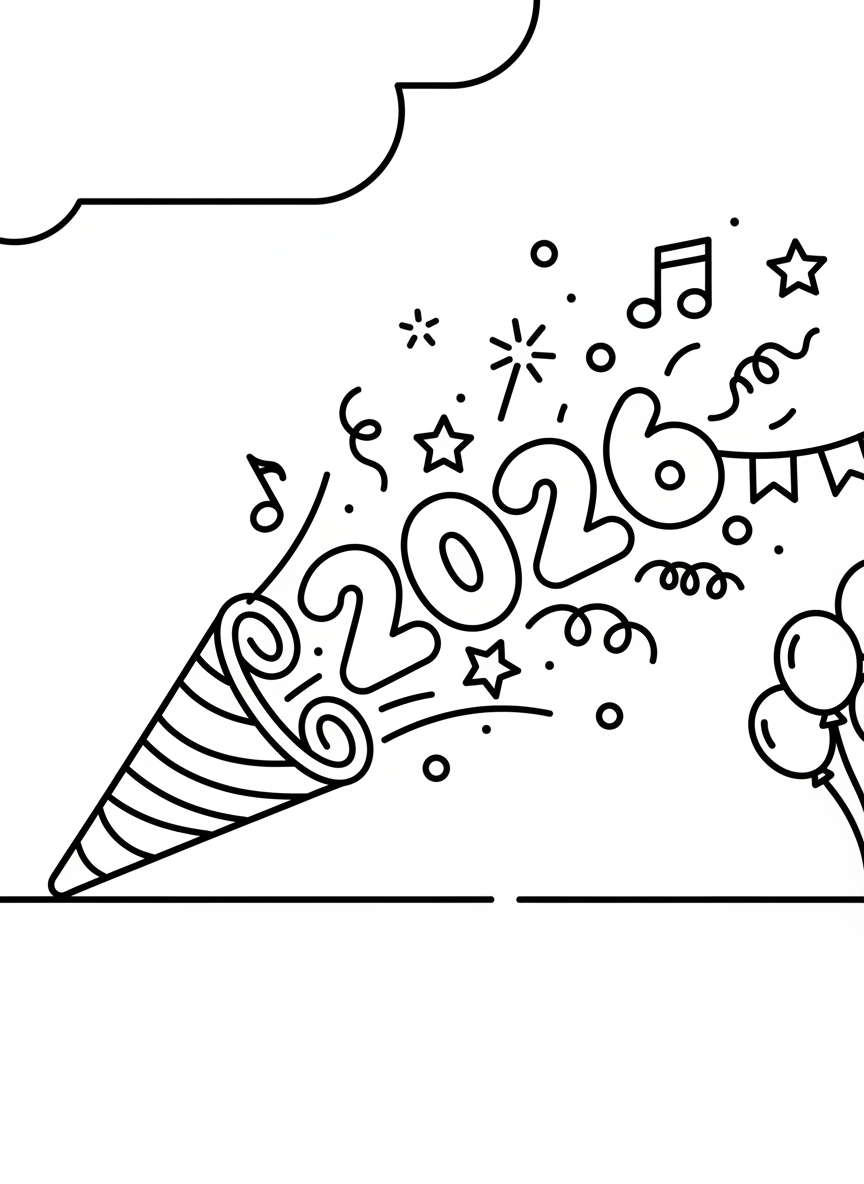 A festive noisemaker blowing out the numbers '2026' in a fun swirl, with musical notes and celebration symbols floating nearby.