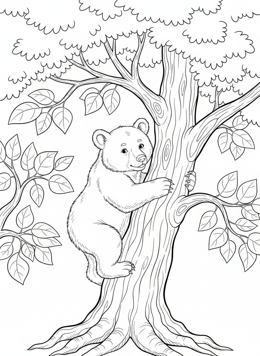 A bear cub climbing a tree trunk with leaves and branches around it, detailed coloring page