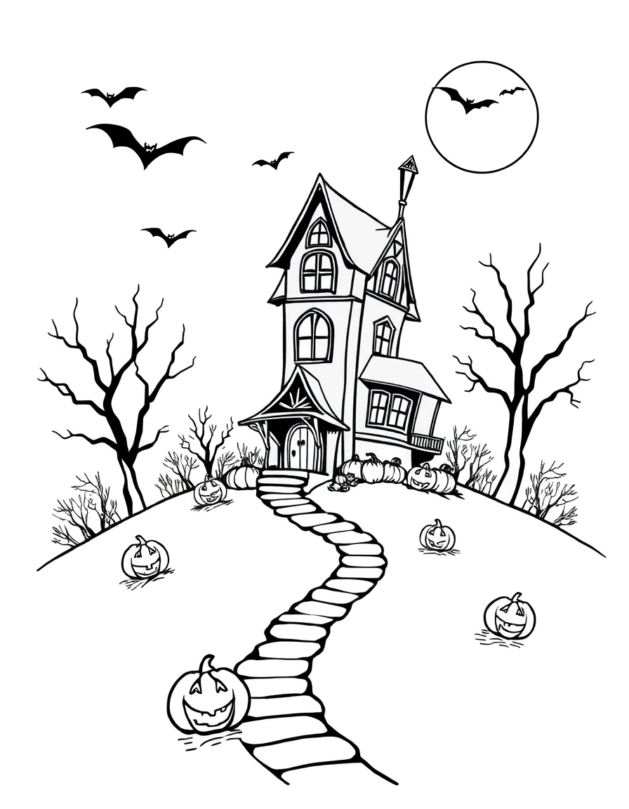 A tall, crooked haunted house sits on a hill with bats flying overhead, bare trees, and a glowing full moon. A winding path leads up to the door with carved pumpkins lighting the way.