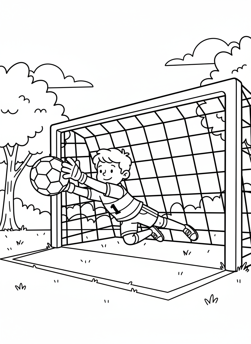 A smiling child goalkeeper diving to catch a soccer ball, wearing gloves and a uniform, action pose