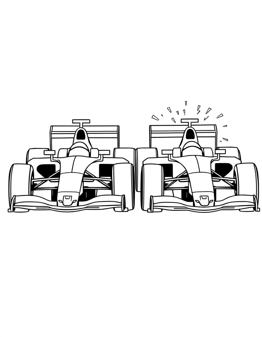 Two Formula 1 cars side by side on a straight, DRS flap open on one car, sparks flying from the rear