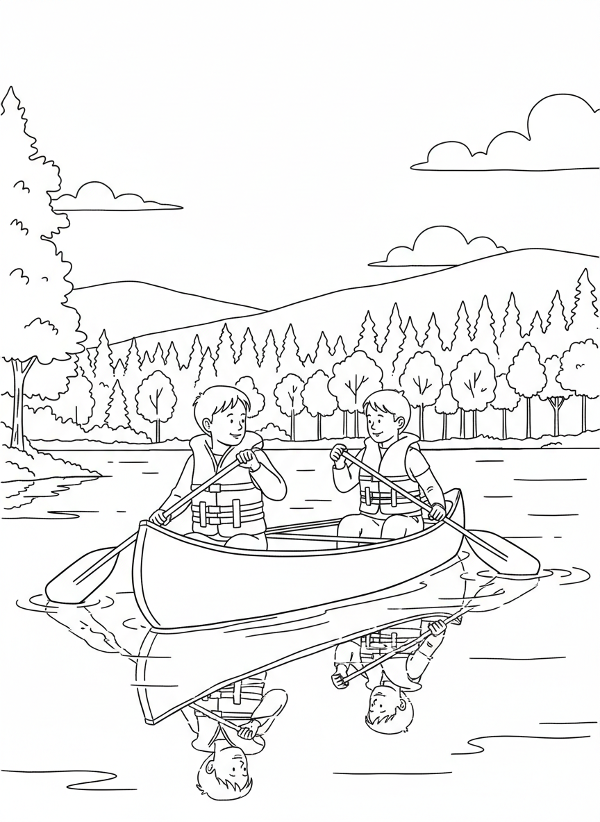 Two kids paddling a canoe together on a calm lake, wearing life jackets, with trees and hills visible in the background.