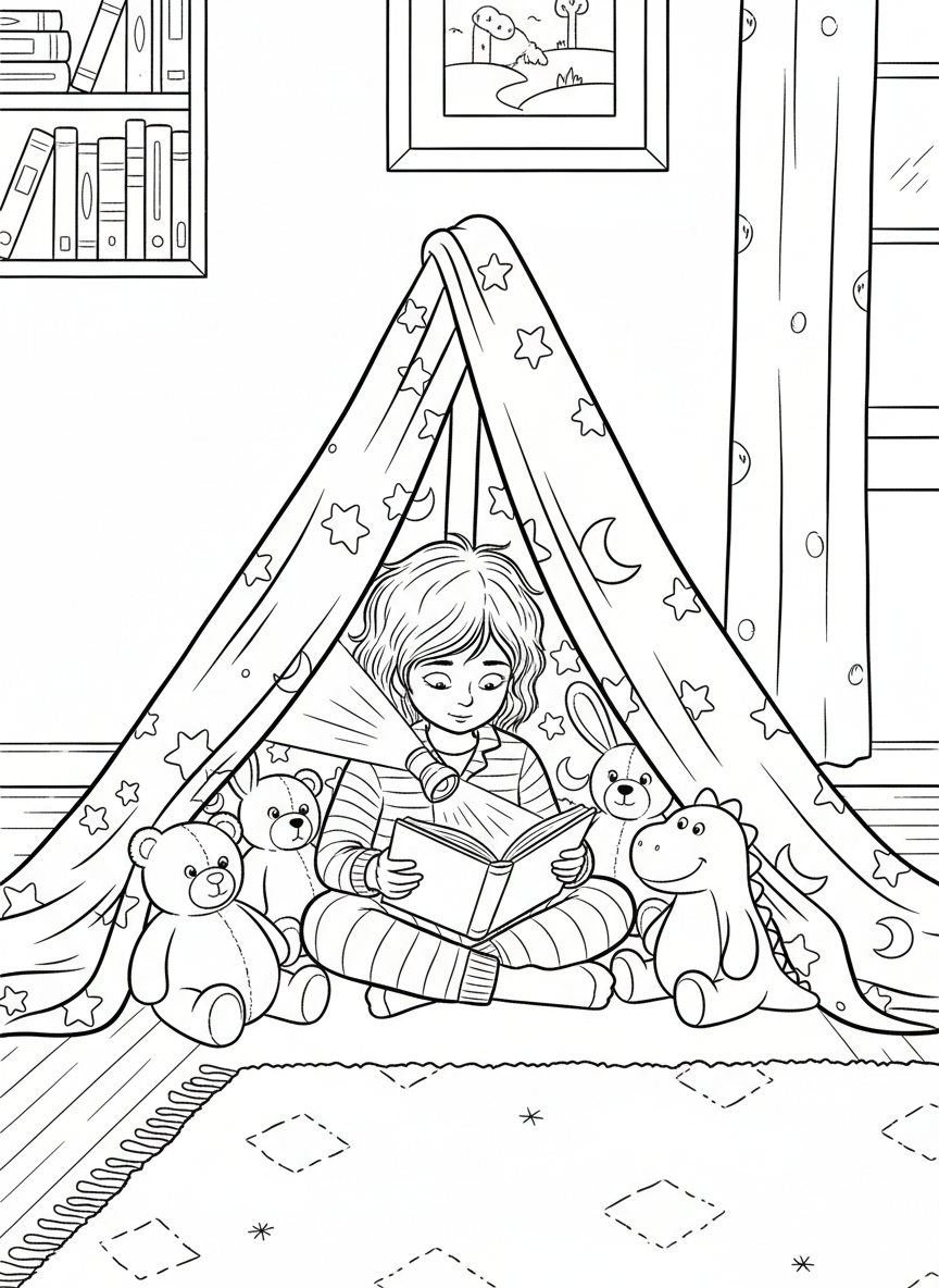 A young girl in pajamas reading with a flashlight under a blanket fort made of chairs and sheets, with stuffed animals listening.