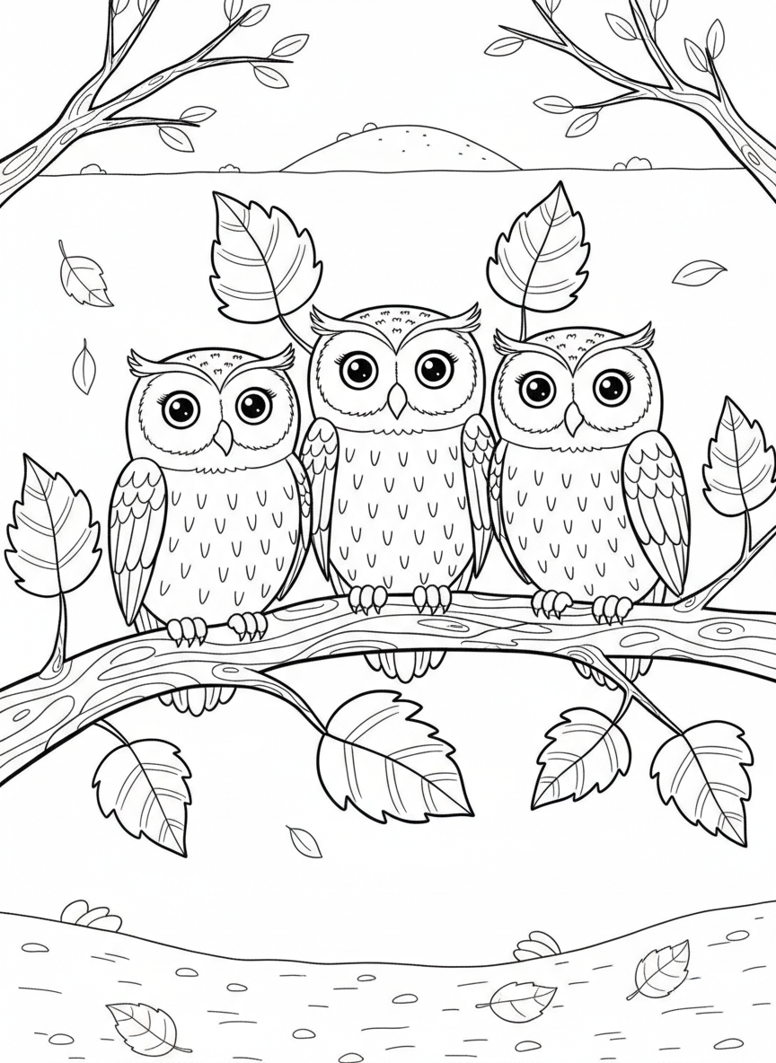 A family of owls perched on a branch with autumn leaves, looking wise and friendly.