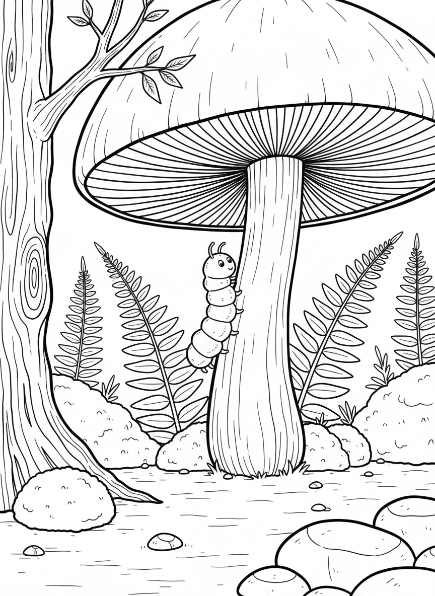 A large mushroom with gills visible underneath the cap, a caterpillar crawling nearby, educational nature scene.