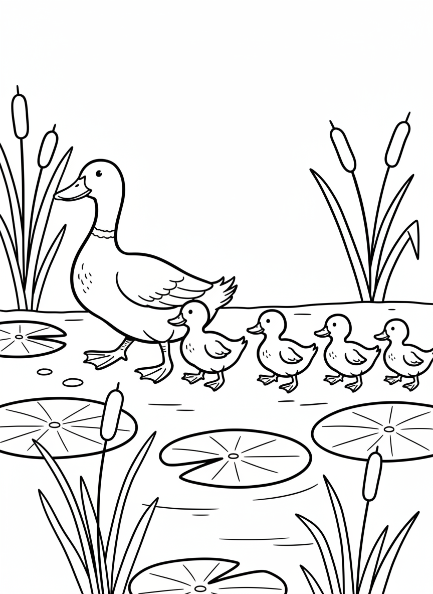 A family of ducks waddling in a line toward a pond with cattails and lily pads.