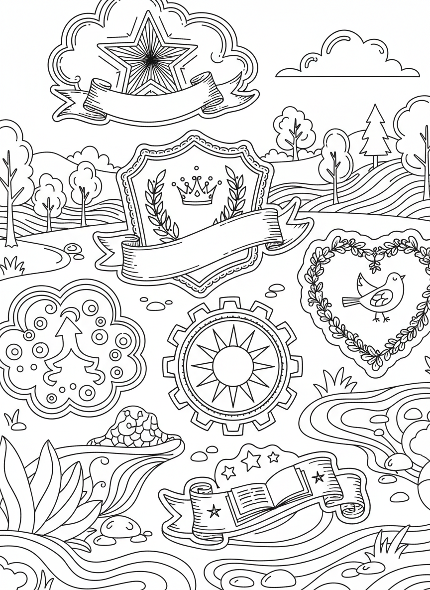 Six small badge-style stickers with positive messages borders: star shape, ribbon banner, circle badge, shield, heart, and cloud shapes with decorative edges